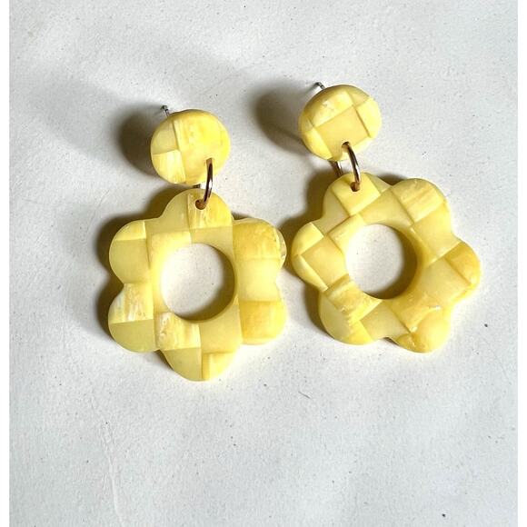 Statement Earrings Polymer Clay Earrings Handcrafted Retro Yellow Checkered - Picture 1 of 6
